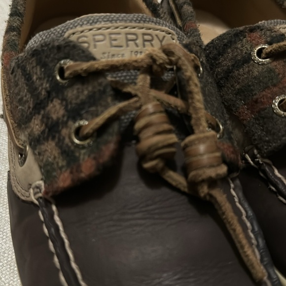 Sperry Top Sider Shoes-Wmns Sz 9-Dark Brown with Plaid Flannel Trim-Leather Ties - Picture 4 of 15